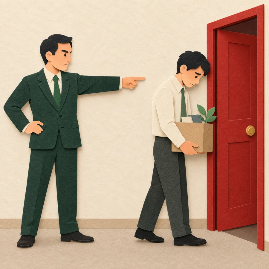 A manager points an employee toward the door