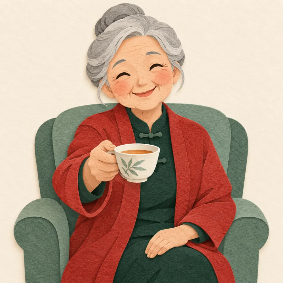 A grandmother with a warm smile holds a cup of tea