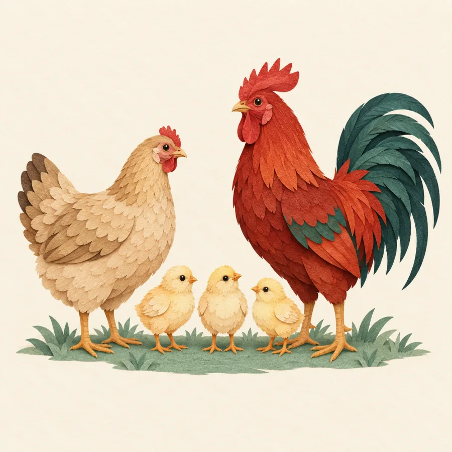 A hen with chicks next to a rooster