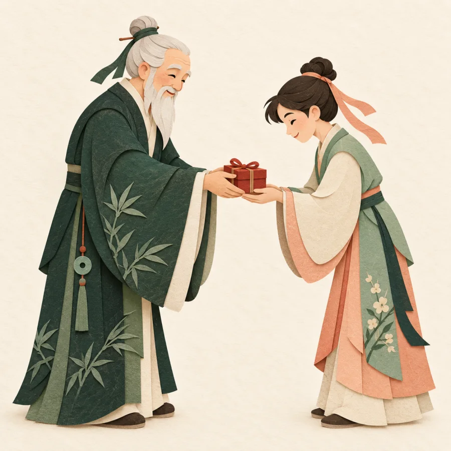An elder presents a young person with a small boxed gift