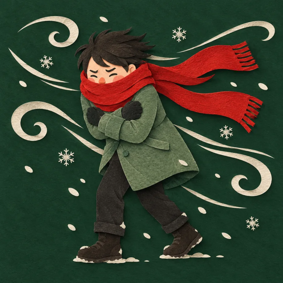 A shivering person in a scarf in a strong wind