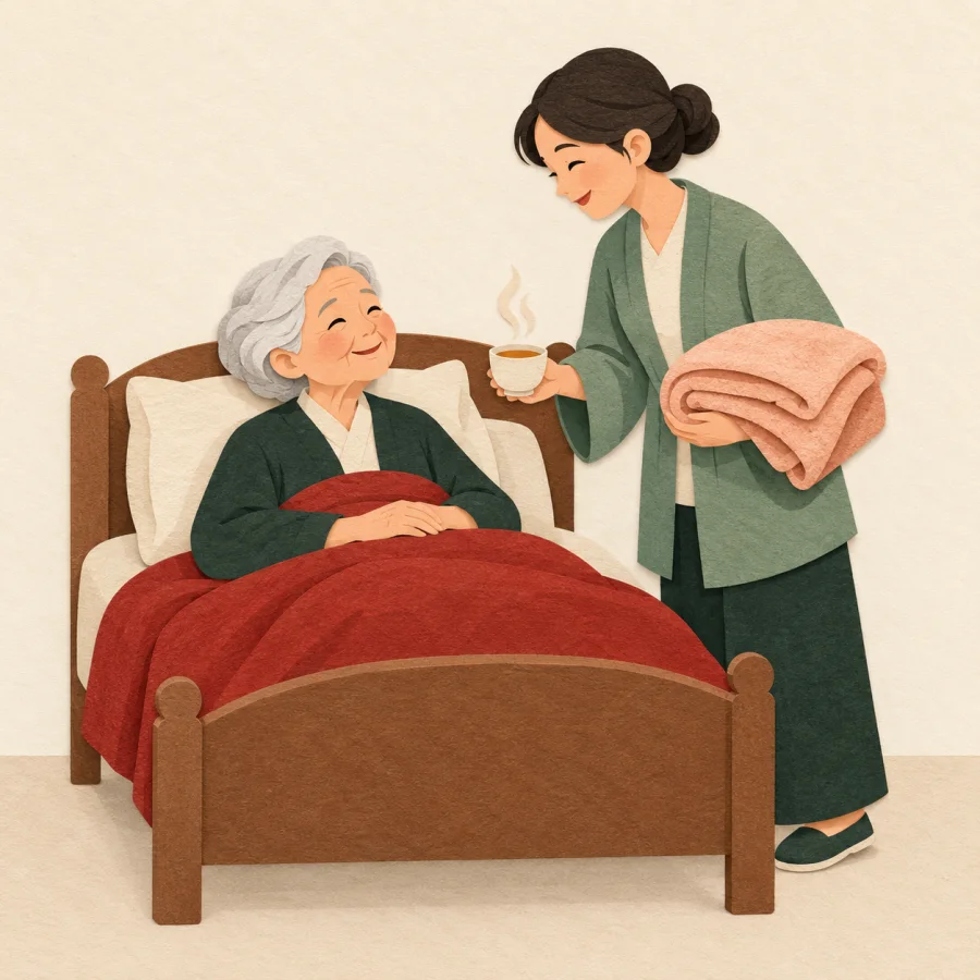 A daughter brings a cup of tea to an elderly person in bed