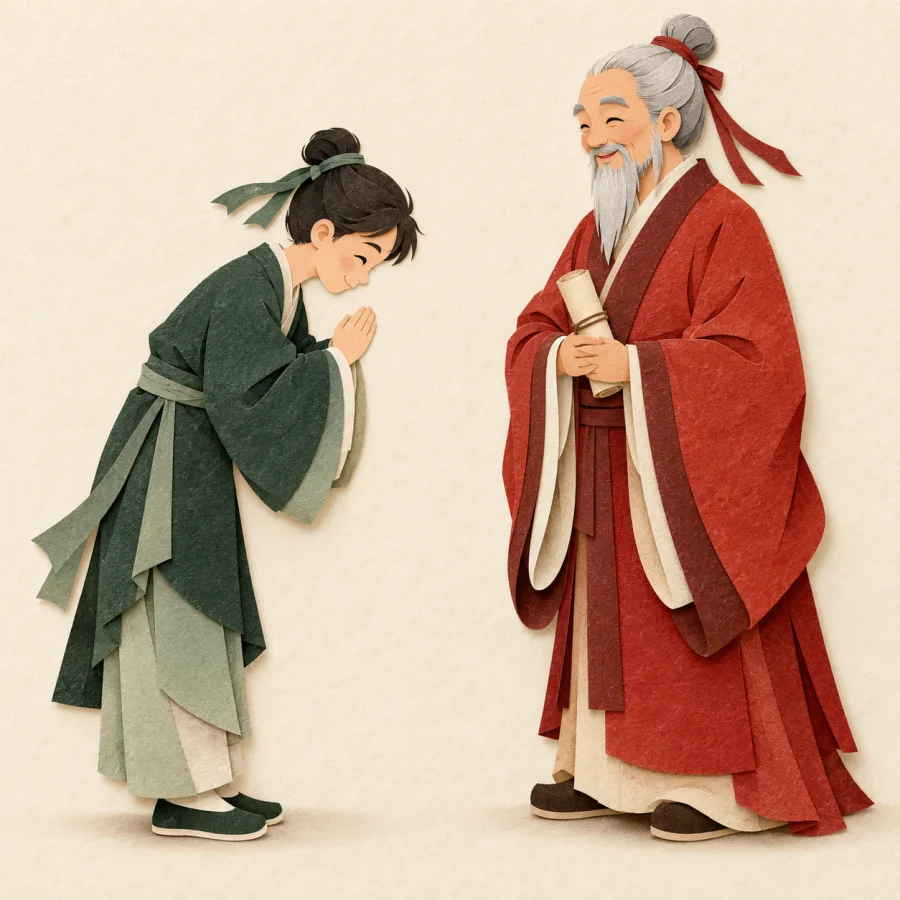 A young person bows politely to an older teacher
