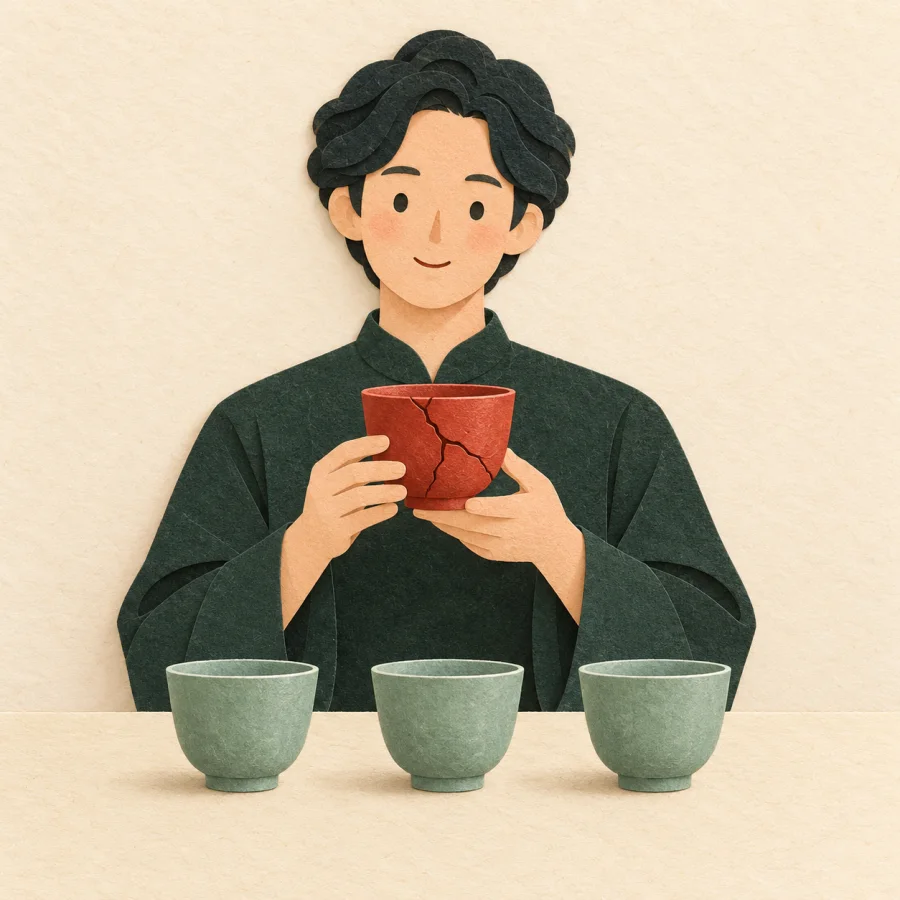 A person holds up a cracked cup beside intact ones