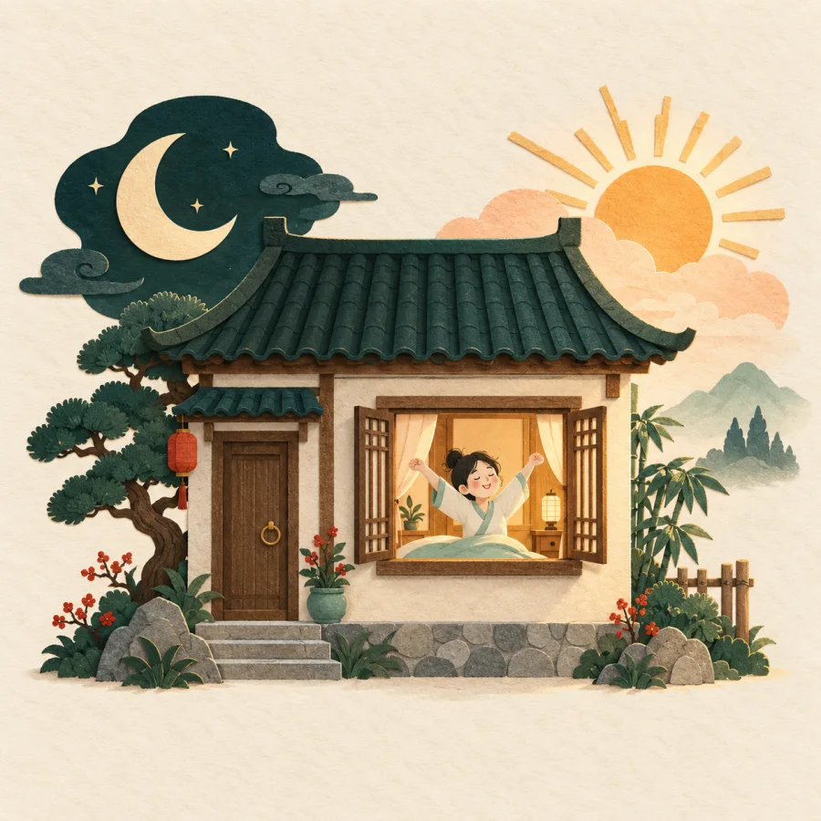 A house with a moon on one side and a rising sun on the other