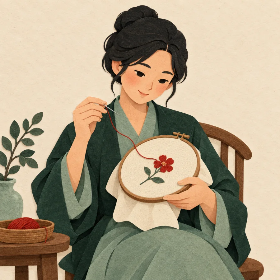 A person stitches a red flower on cloth in a hoop