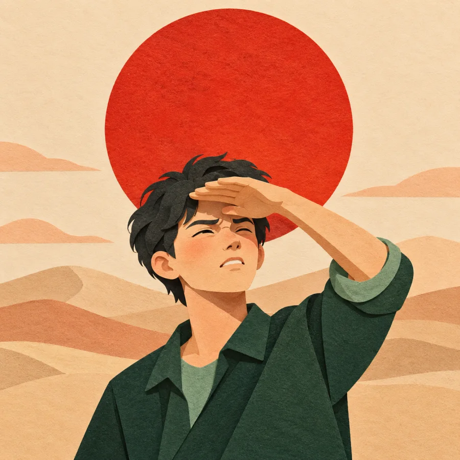 A person squints and shields their eyes from a bright sun