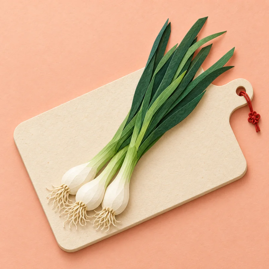 A bunch of spring onions on a cutting board