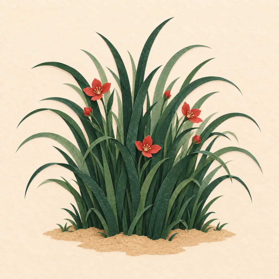 A thick clump of grass with red flowers on sand