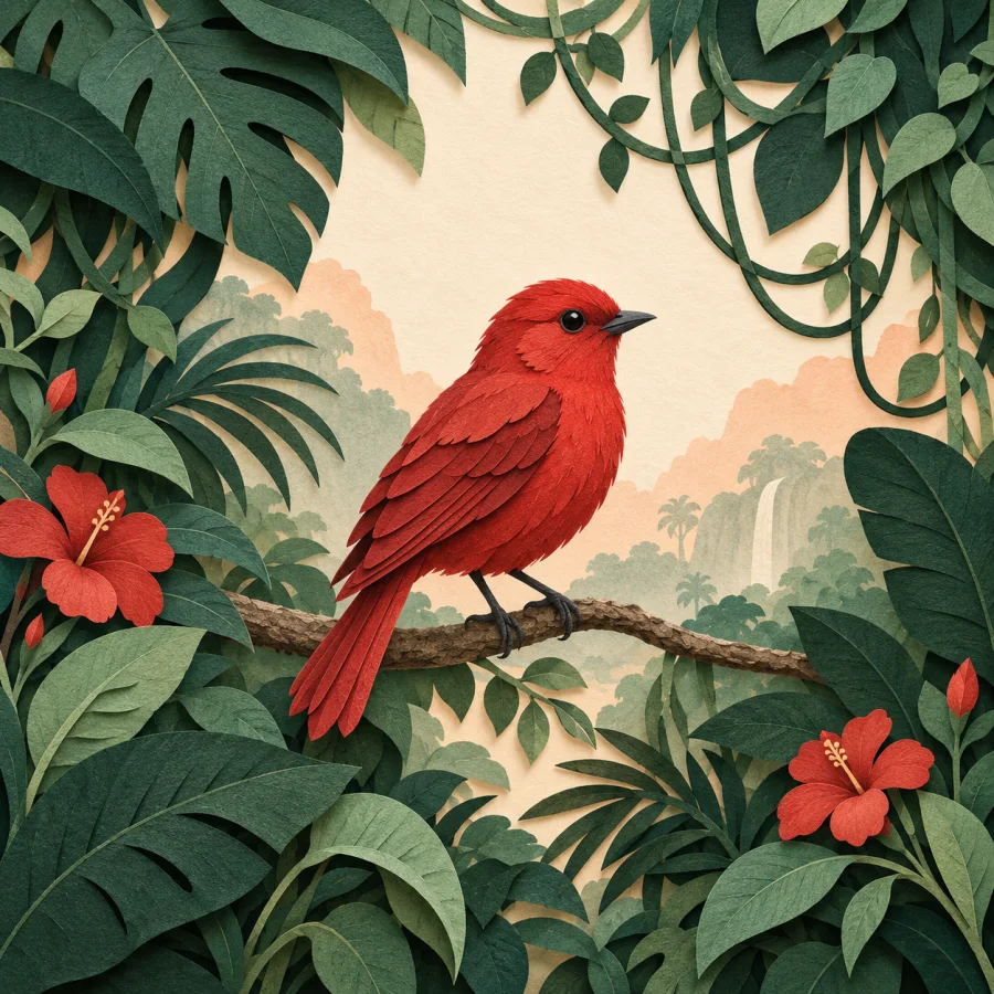 Dense jungle with vines and a bird on a branch