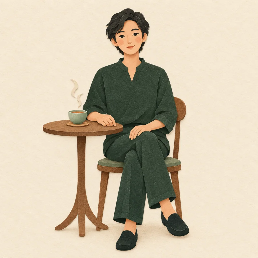 A person sits calmly at a table with a cup of tea