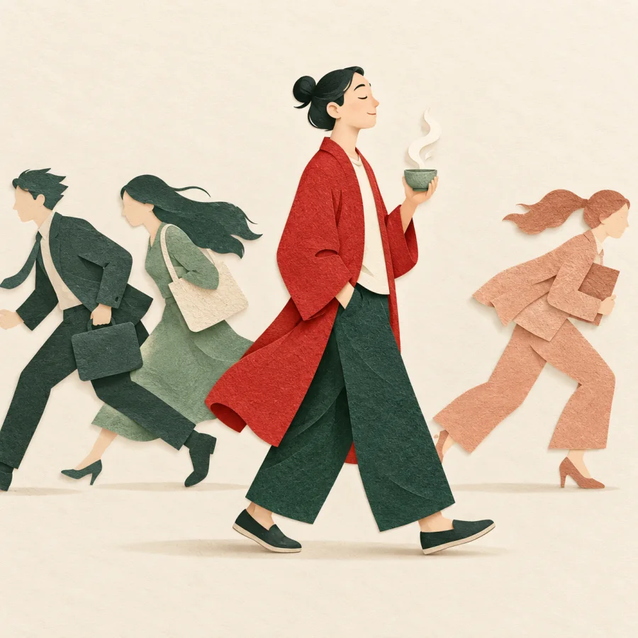 A person strolls with a cup while others hurry past