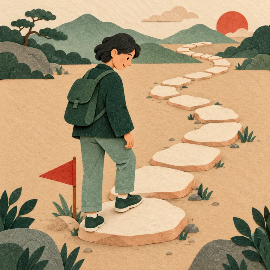 A person returns to the first stone of a winding path