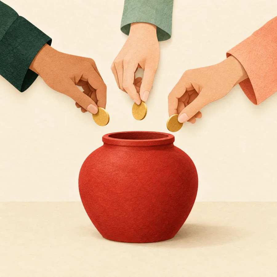 Three people's hands drop coins into one jar