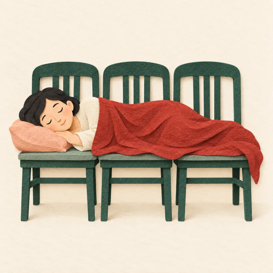 A person sleeps on a bed made of pushed-together chairs