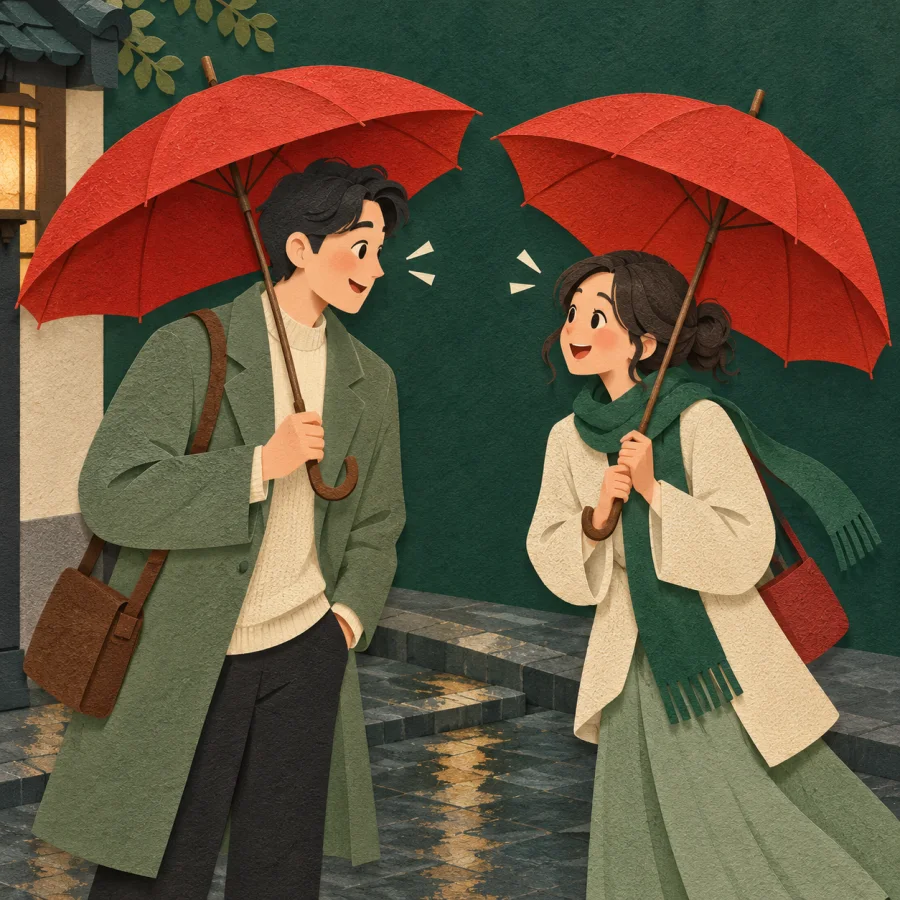 Two people meet at a corner with identical umbrellas