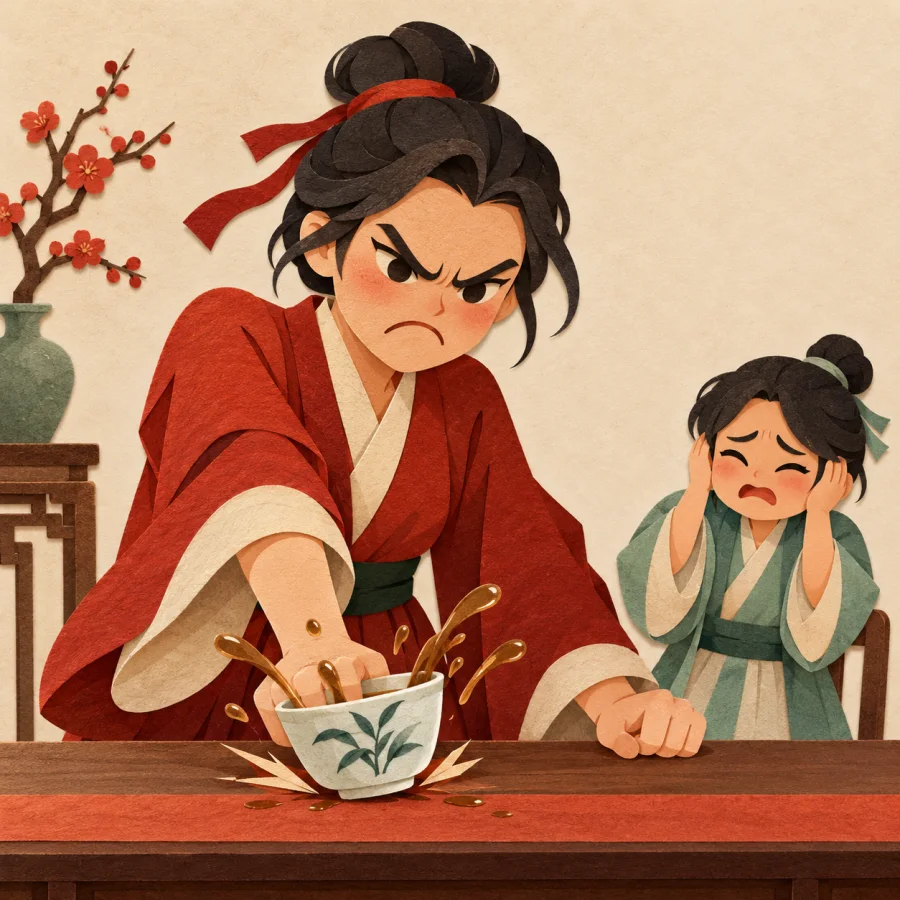 A person with a harsh frown slams a cup on a table