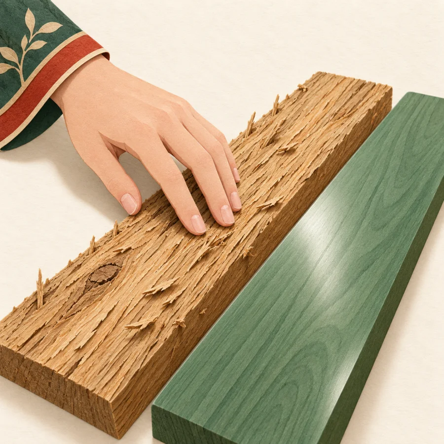 A hand touches a rough board next to a smooth one