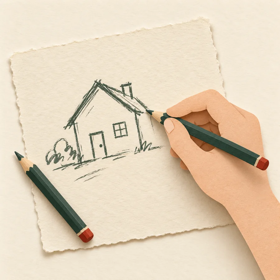 A hand quickly sketches a house with a few lines