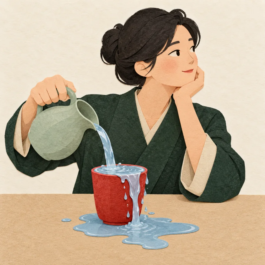 A person looks away as water overflows a cup