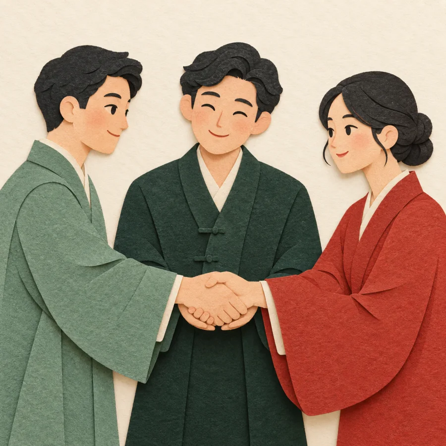A person guides two others' hands into a handshake