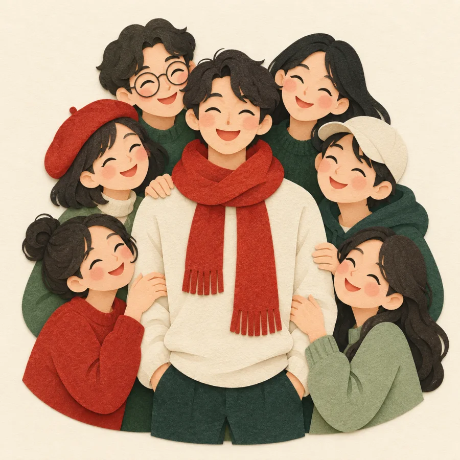 A smiling person inside a tight circle of cheerful people
