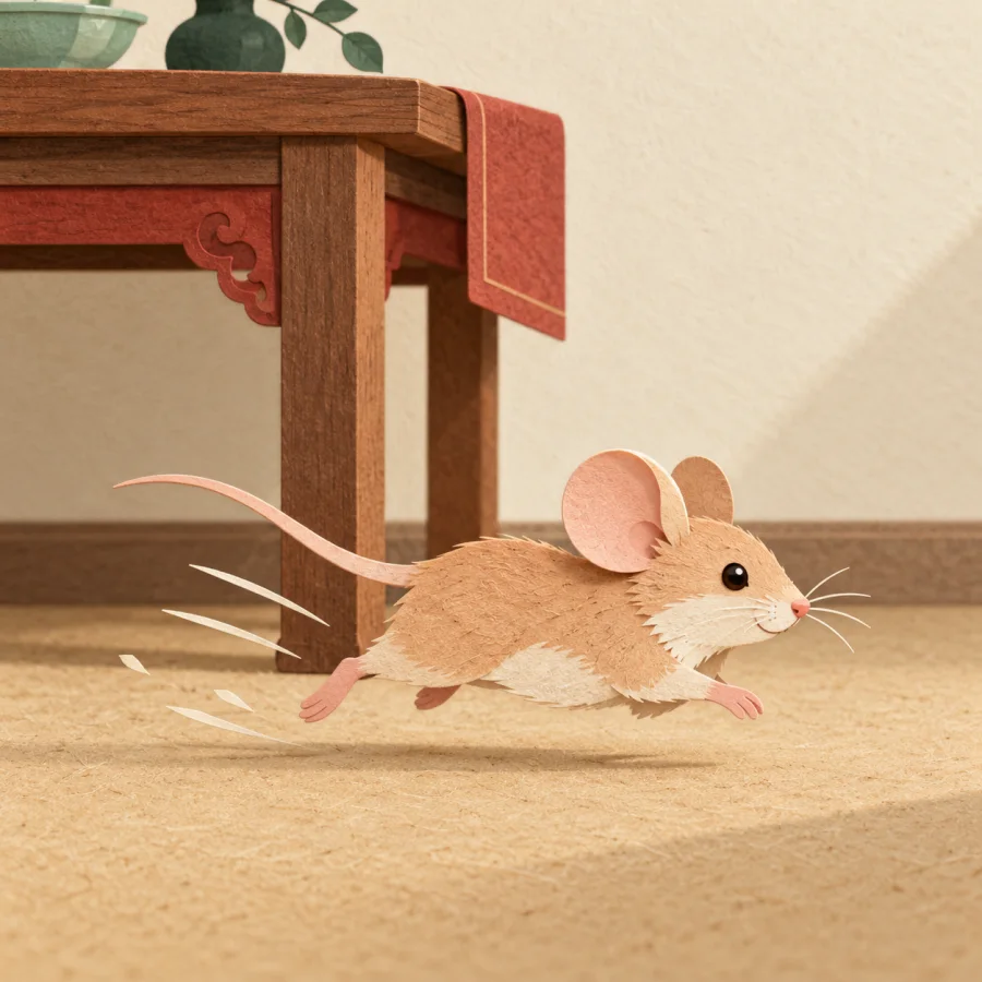 A mouse darts out from under a wooden table