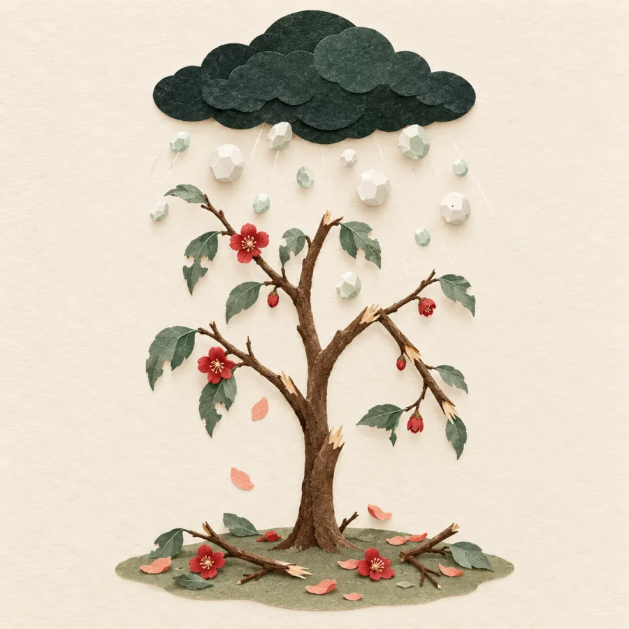 A young tree with broken branches under falling hail