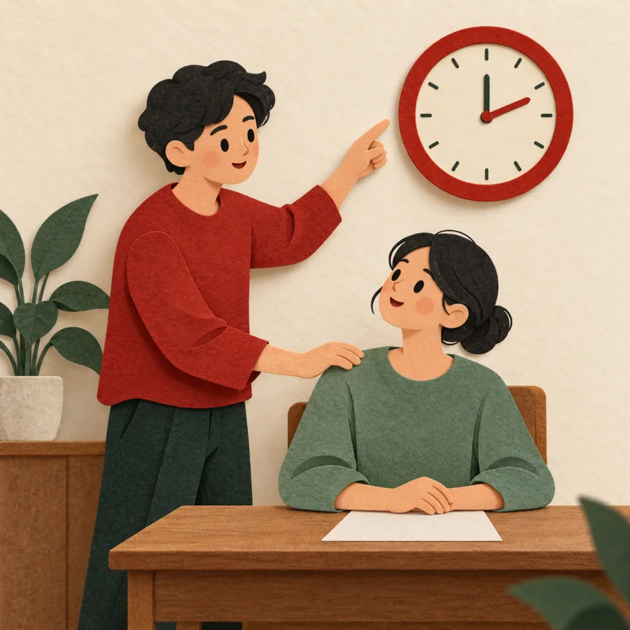 A person points at a clock and taps a seated person's shoulder
