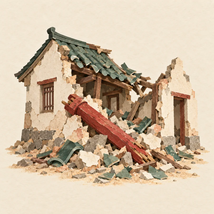 A ruined house with fallen walls and broken roof tiles