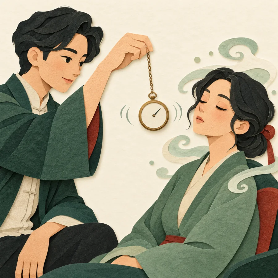 A person swings a pocket watch before a sleepy face