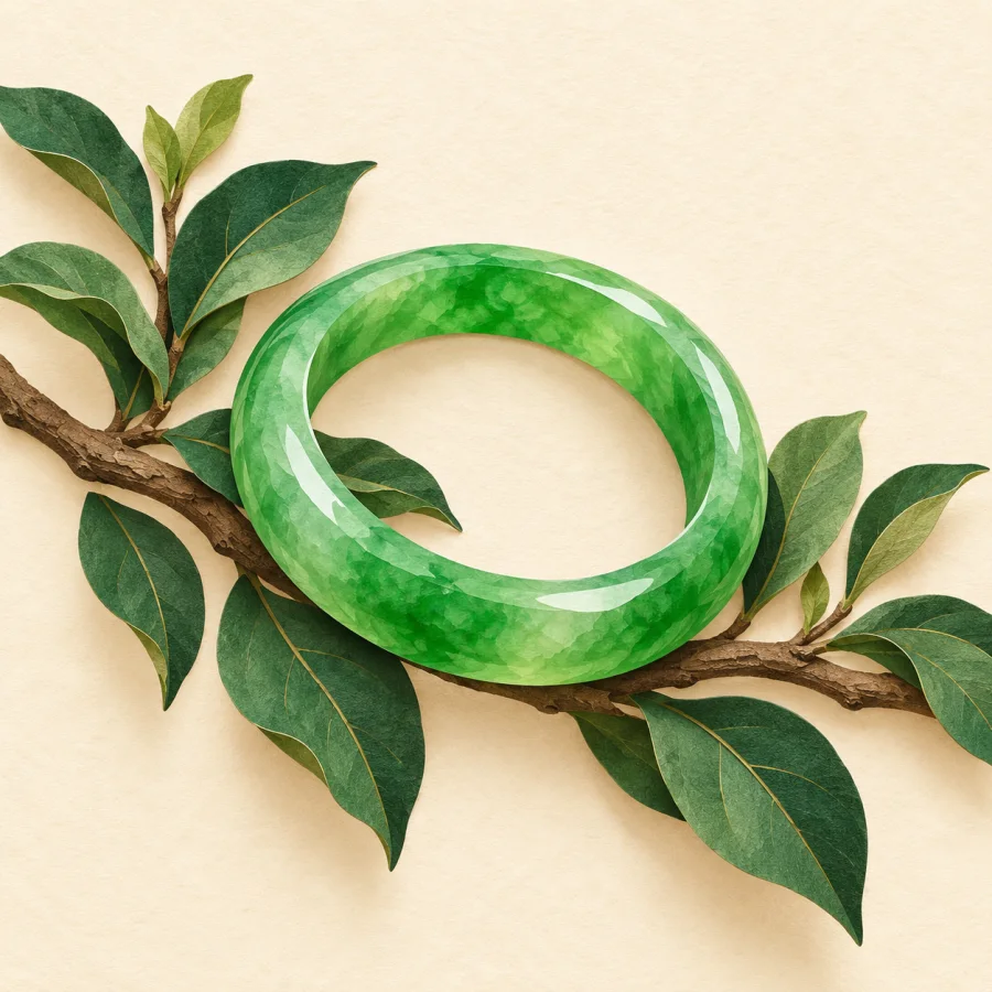 A jade bracelet resting on a branch of fresh green leaves