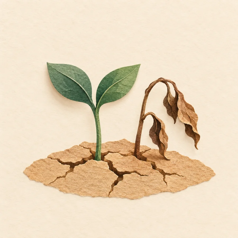 A green sprout pushes through dry sand beside a withered plant