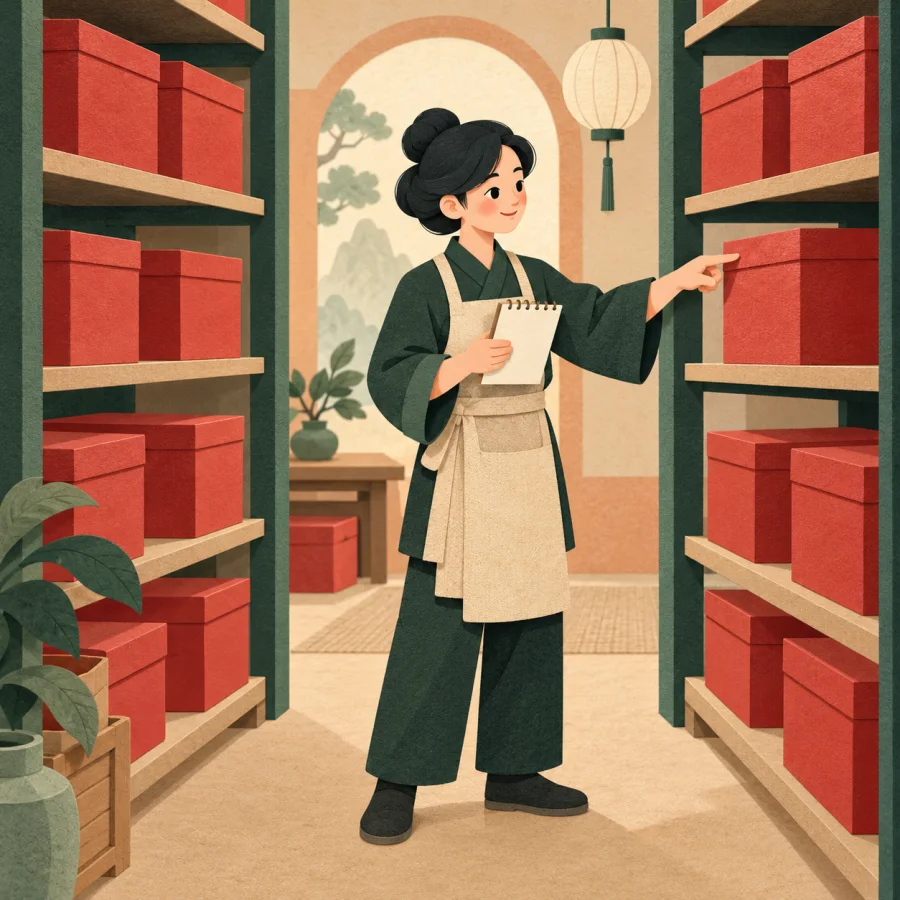 Tall warehouse shelves of red boxes and a person with a notepad