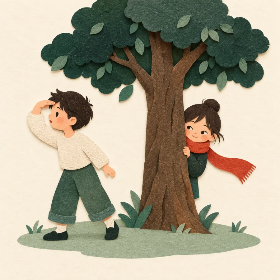 A person with a sly smile hides behind a tree from another