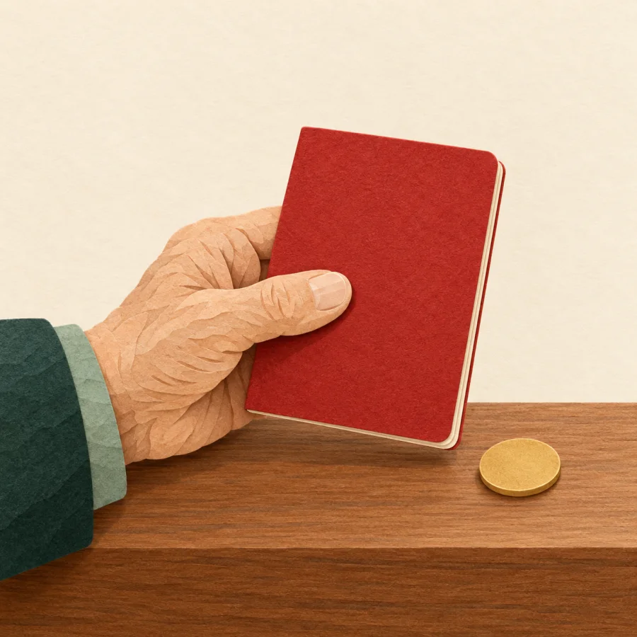 An elderly hand holds a red booklet at a bank counter