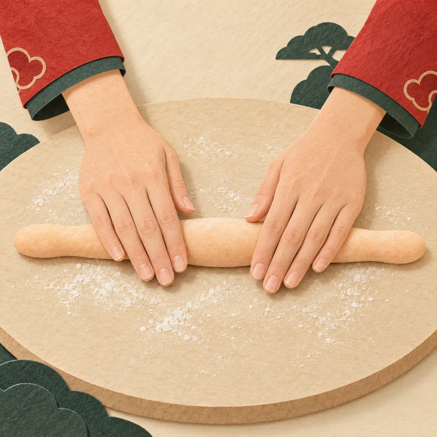 Two hands roll a ball of dough into a long rope