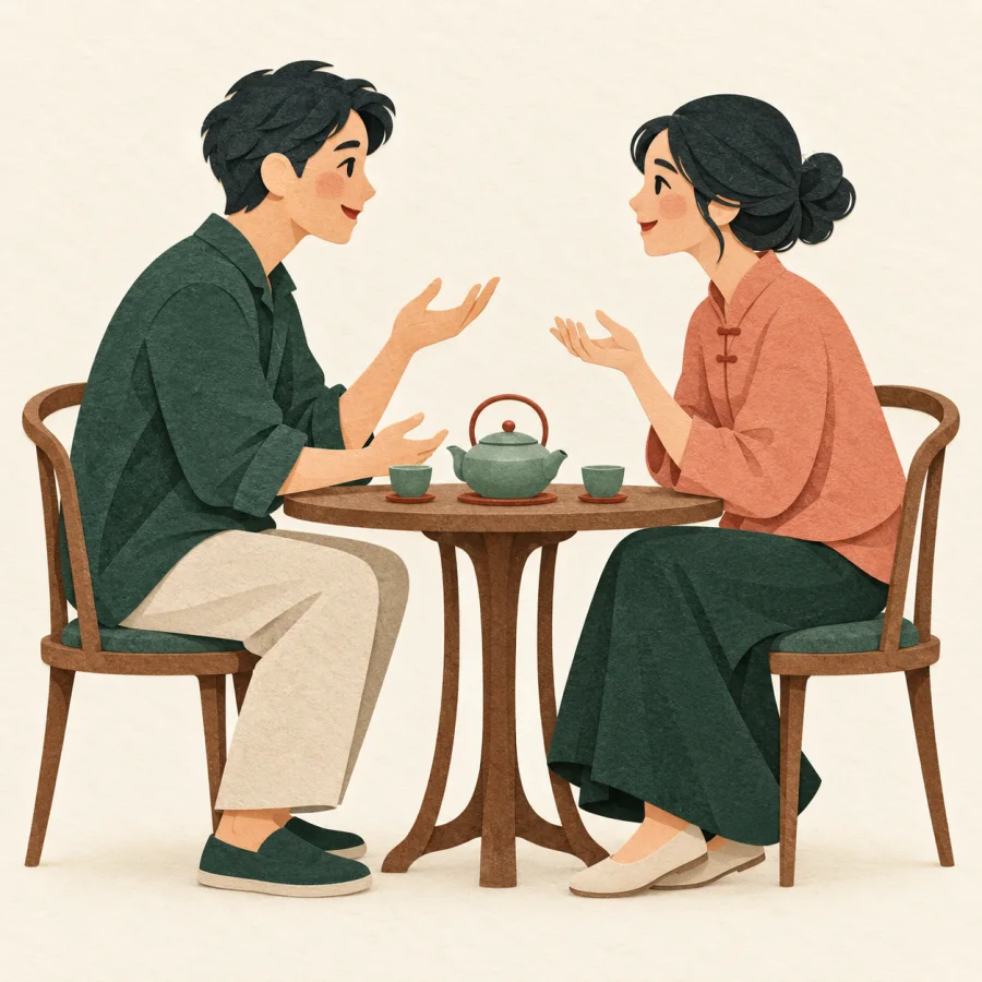 Two people at a table with a teapot lean toward each other