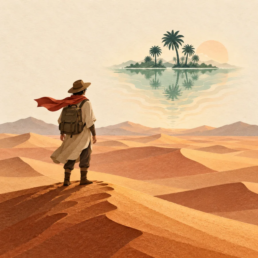 A traveler on a dune sees a mirage of a lake