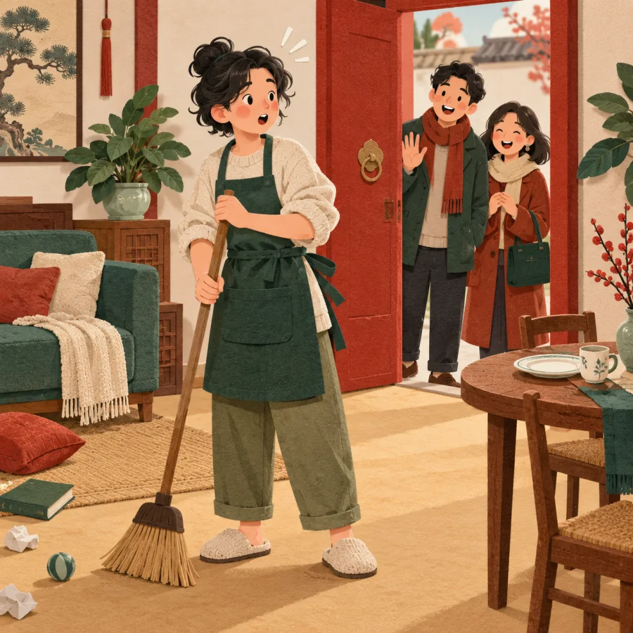 A flustered person with a broom as guests appear at the door