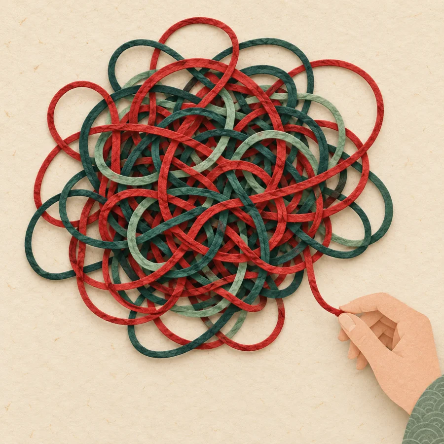 A hand holds one end of a tangle of red and green threads