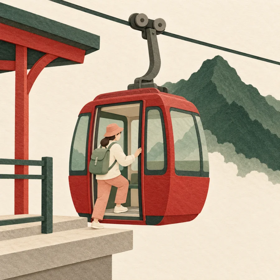 A traveler with a backpack steps into a red cable car