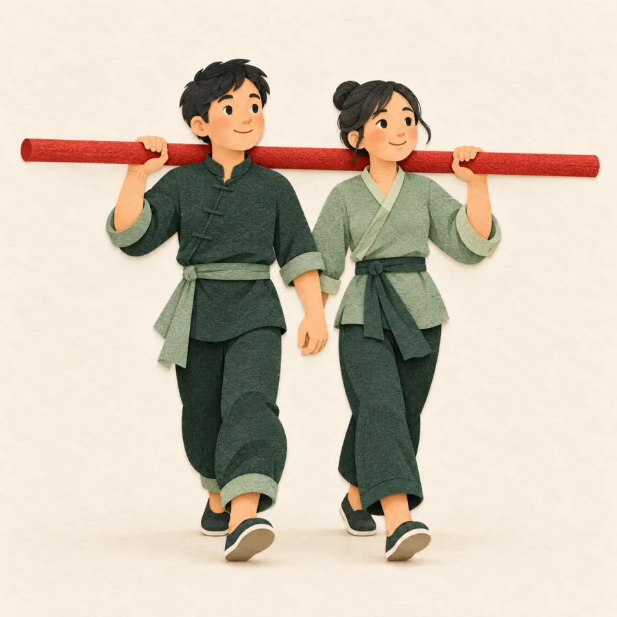 Two people walk side by side carrying one pole