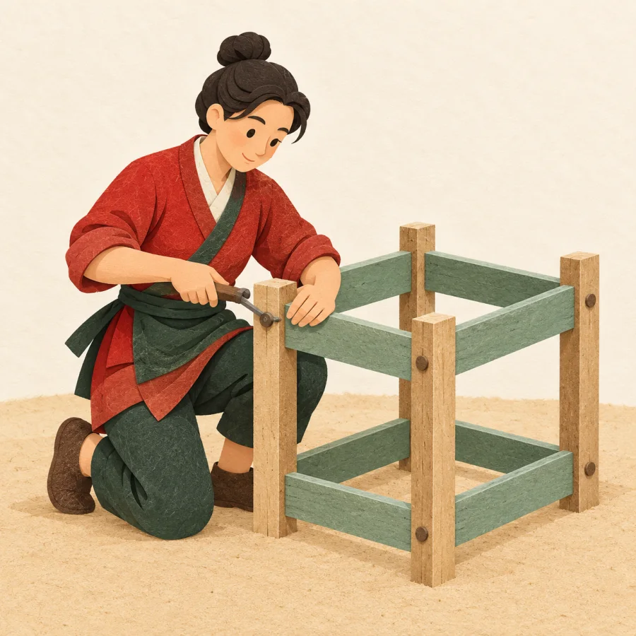A person fastens boards and poles into a frame