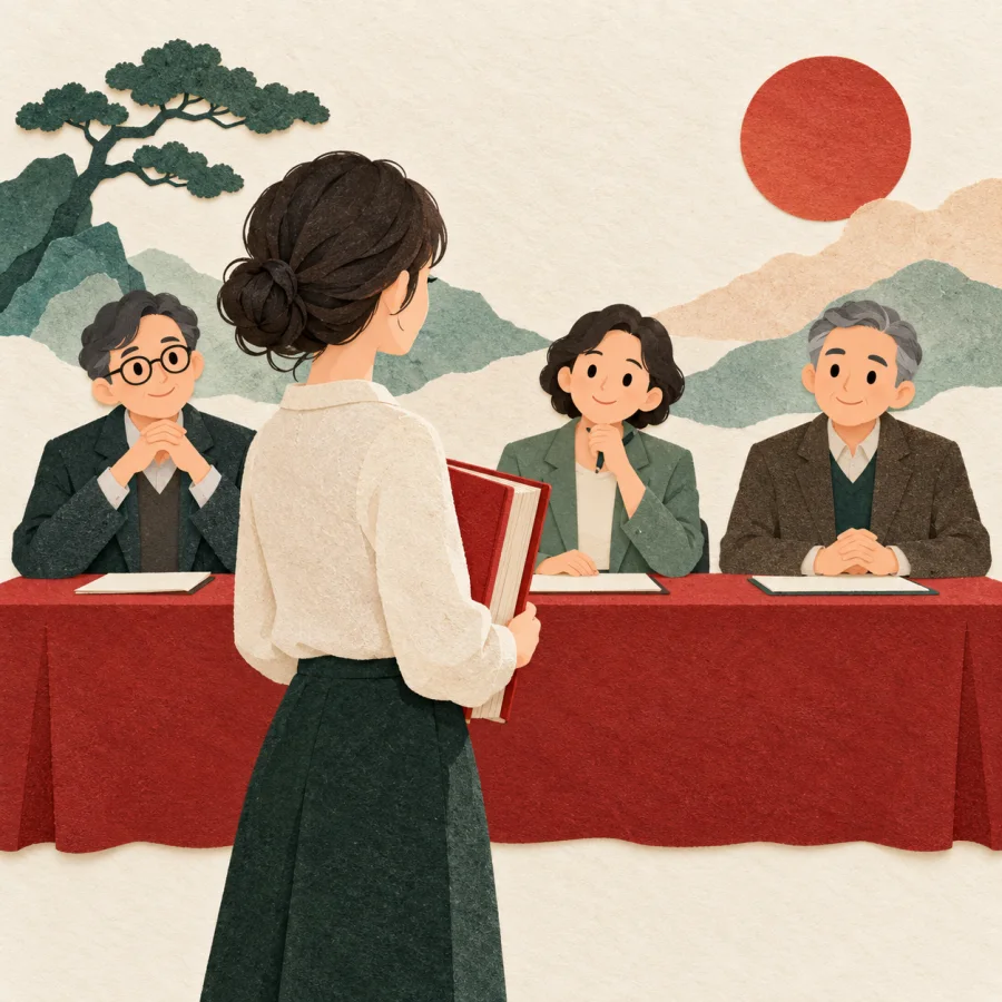A student with a thick thesis stands before three teachers