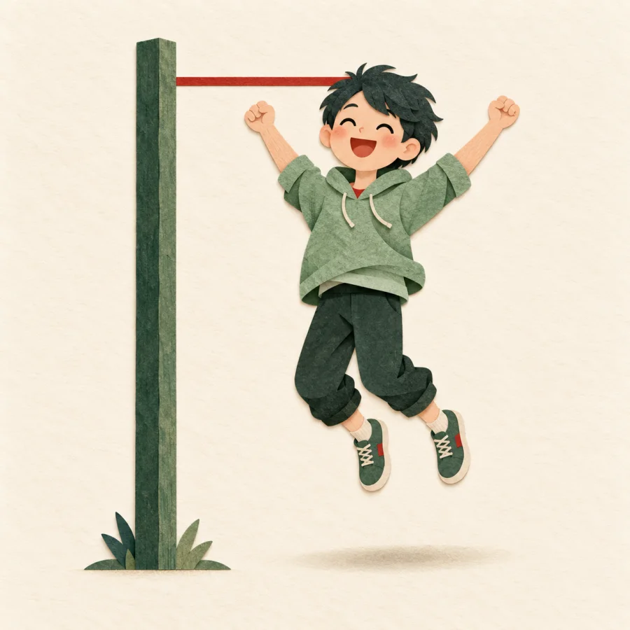 A jumping person reaches a red mark on a tall post