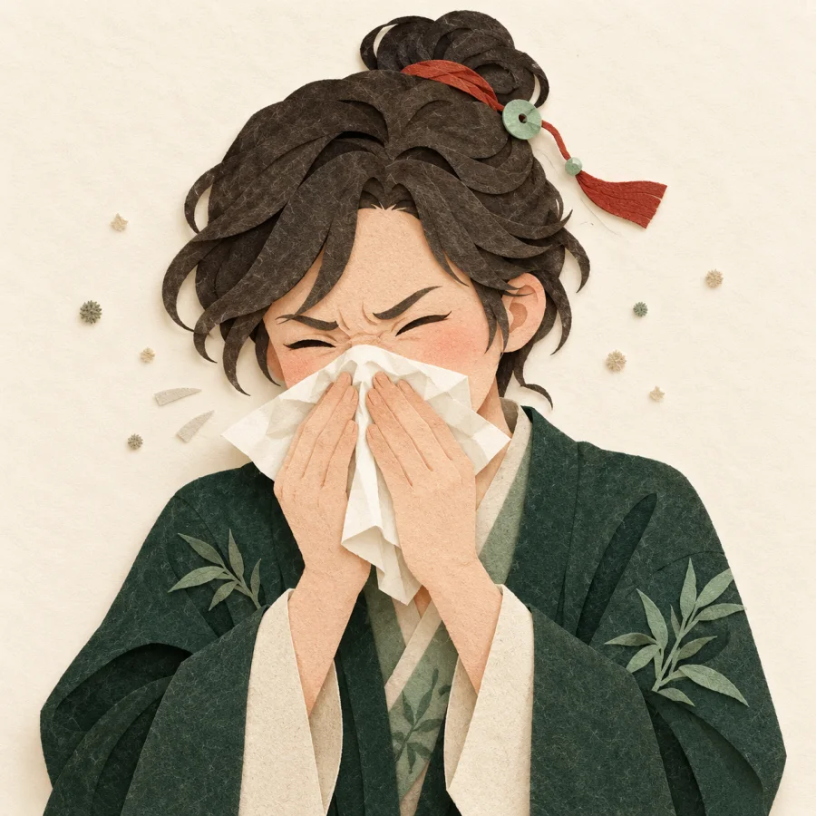 A person sneezes into a tissue among floating dust specks