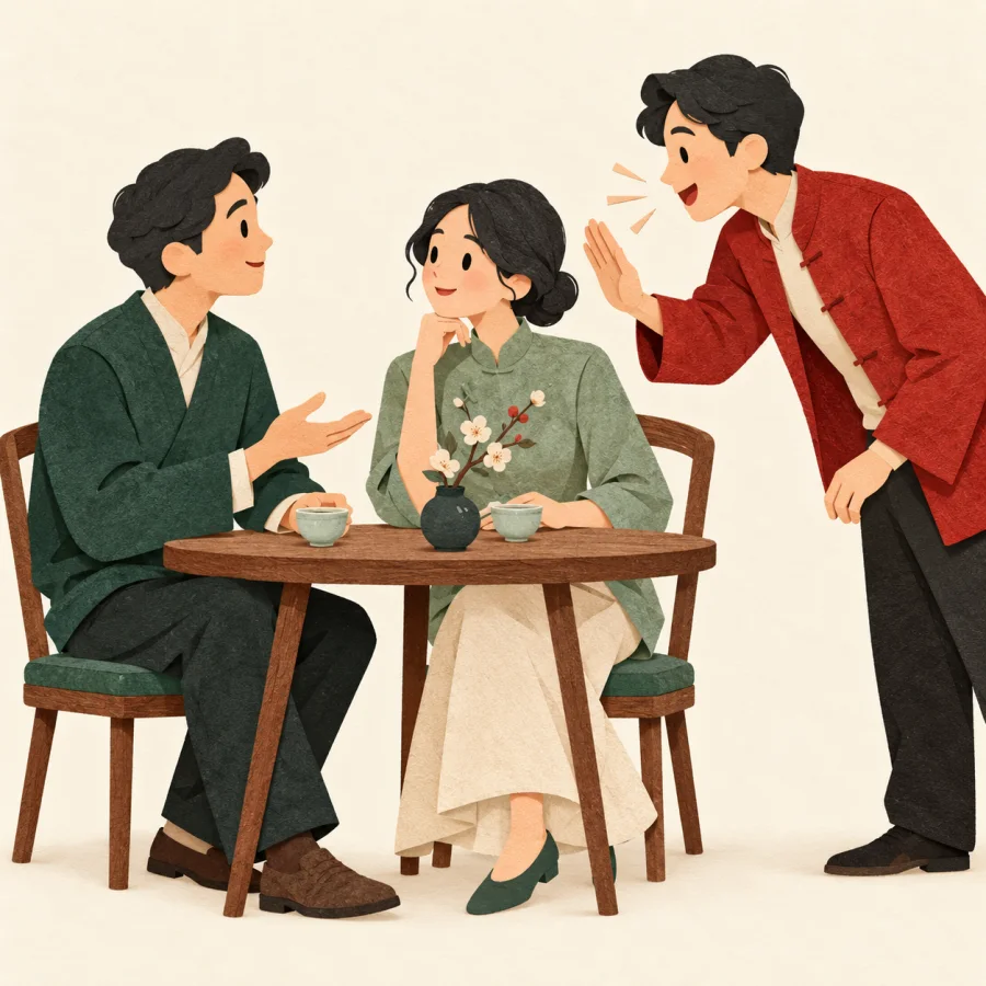 A third person with a raised hand cuts in on two talking