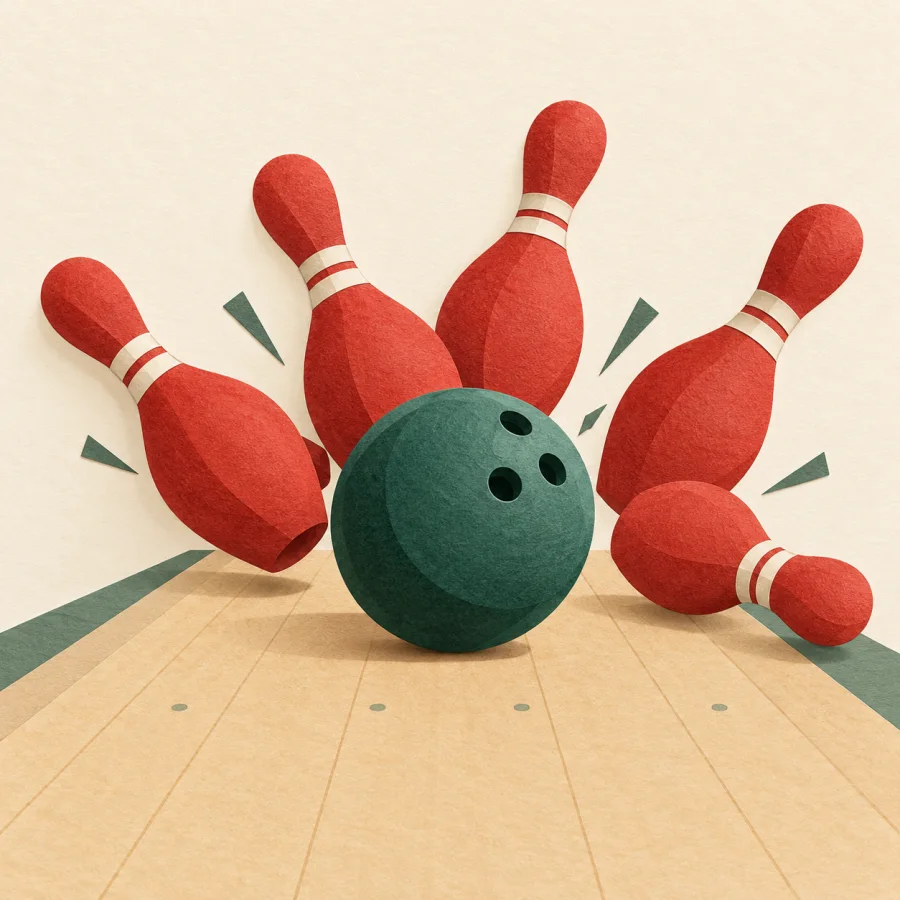 A ball knocks down a row of red pins