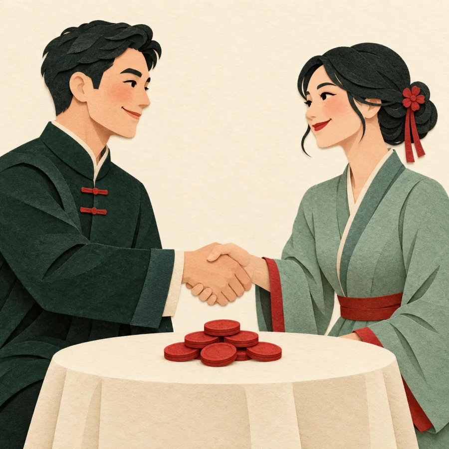 Two people shake hands over a small pile of coins